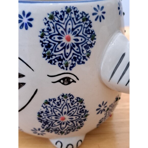Earthbound Trading Company Elephant Figural Mug Cup Blue White Red Trunk Up - Picture 2 of 7